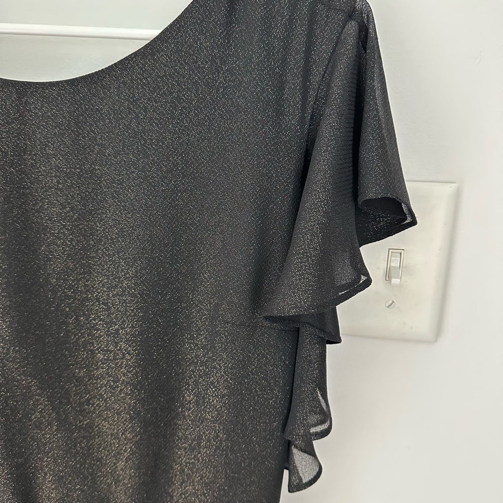 NWT H by Halston Black/Gold Metallic Shimmer Flutter Sleeve Low Back Dress Sz 6 - Picture 3 of 7
